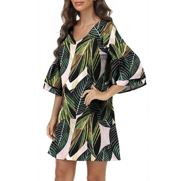 Belongsci Leaves of Palm Bell Sleeve Shift Dress, Size XXL, EUC - Picture 1 of 9